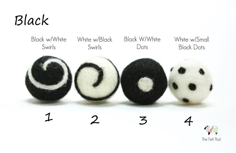 Black Dots & Swirls 100% Wool Felt Balls: Set of 10