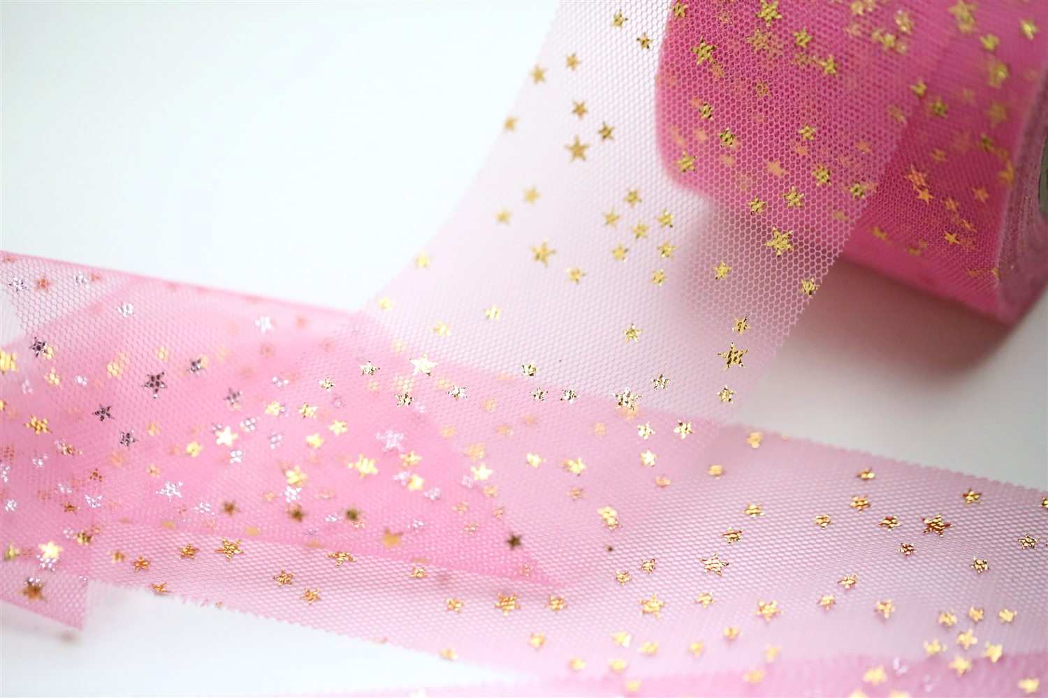 Pink Gold Star Tulle  2 Wide Ultra Soft Tulle Ribbon